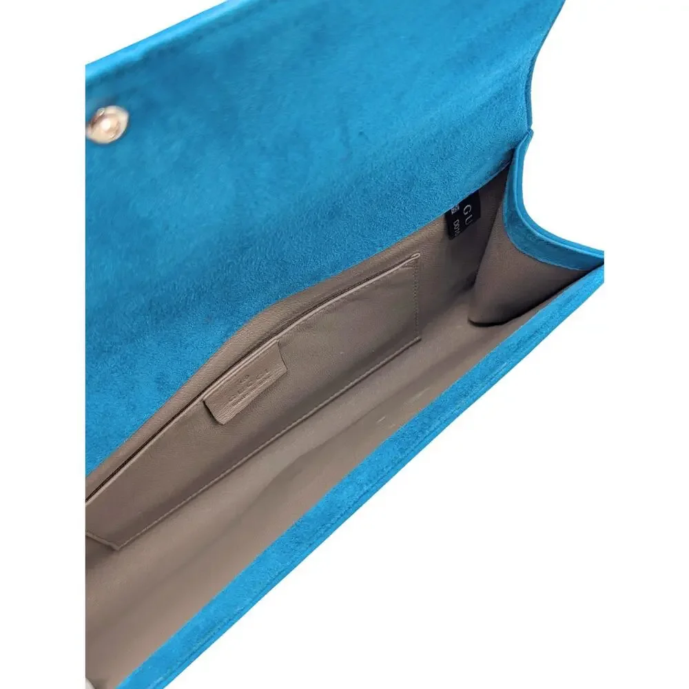 Gucci Broadway Teal Turquoise Blue Suede Swarovski Crystal Clutch Evening Bag